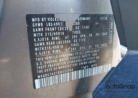 2011 Volkswagen Tiguan S из США, поврежденный, VIN WVGBV7AX1BW532948